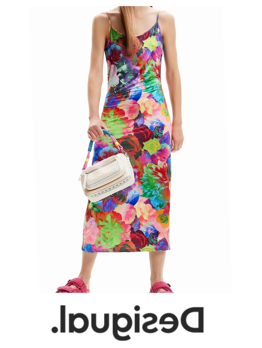 Desigual Vest Tulipa Multicolor Floral Slip Midi Dress With Spaghetti Straps 🌸